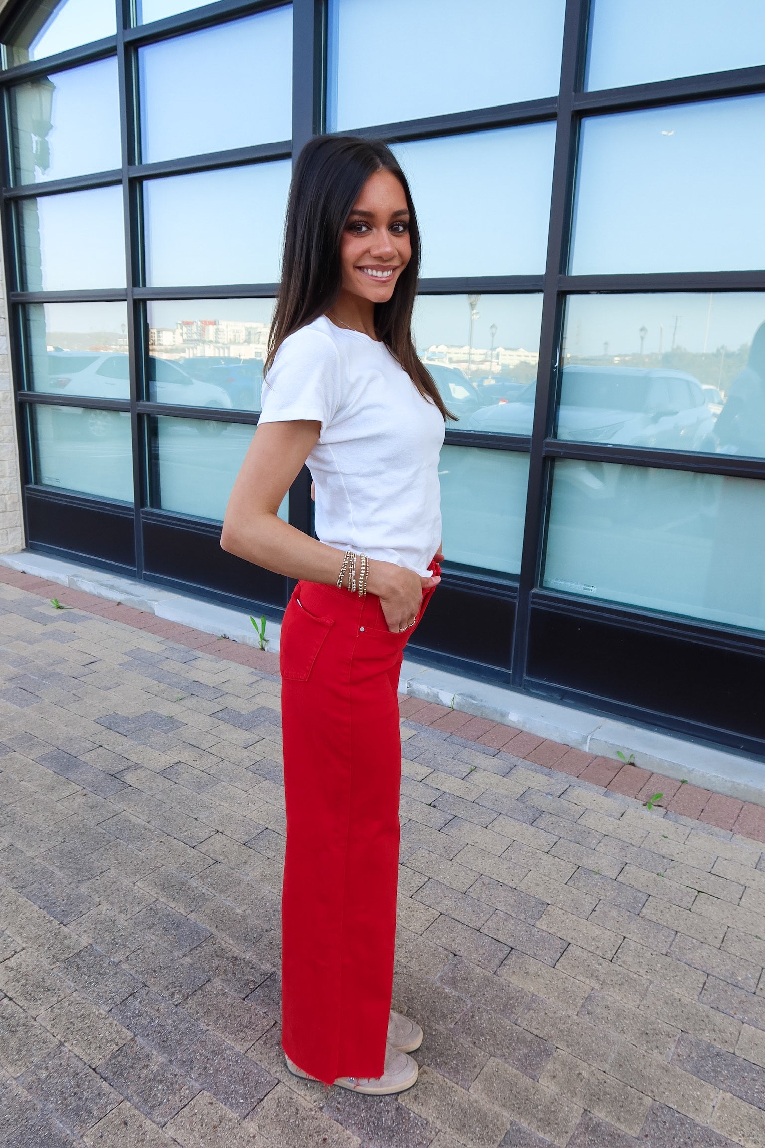 High Rise Palazzo Jeans-Red