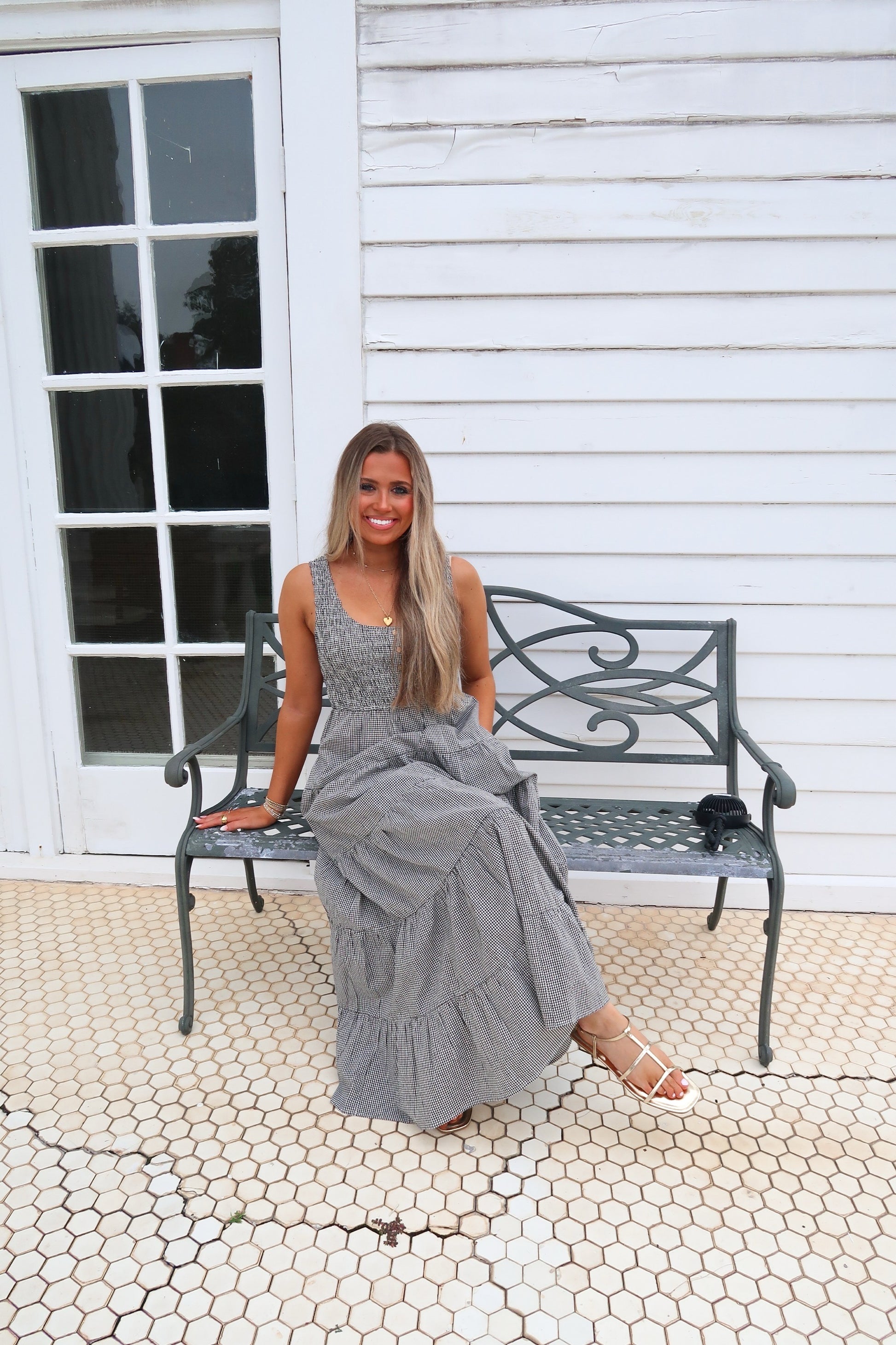 Gingham Tiered Midi Dress-BLK/WHT