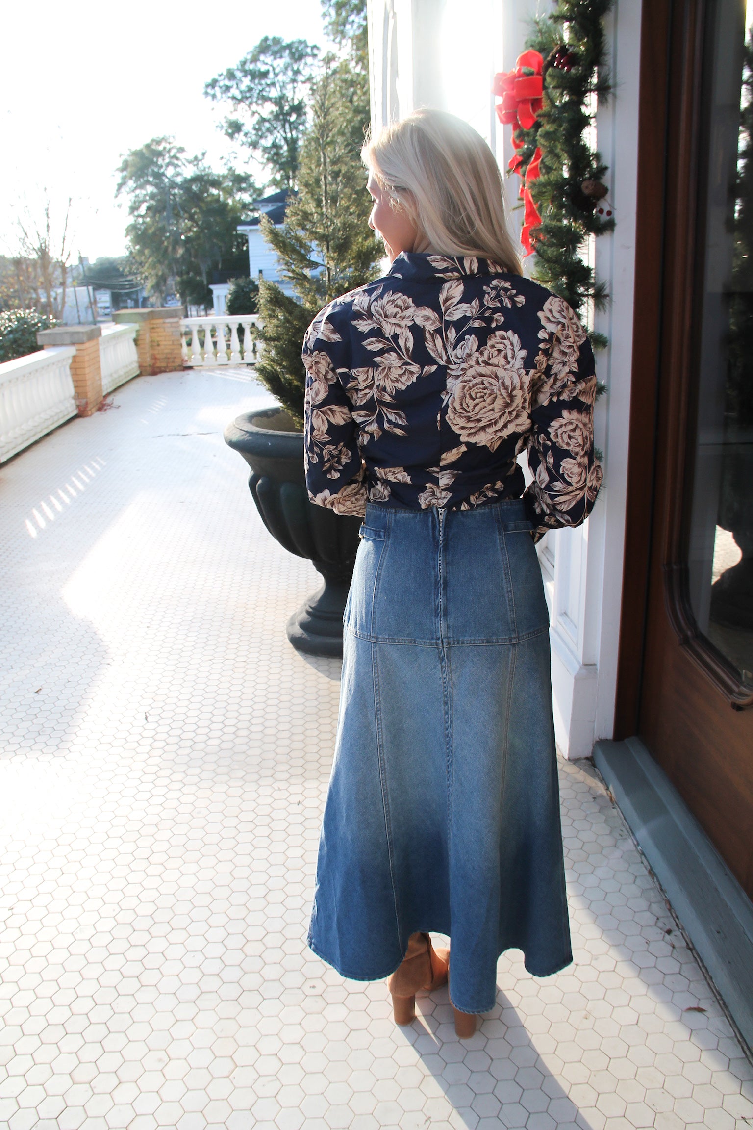 Horsebit Midi Denim Skirt