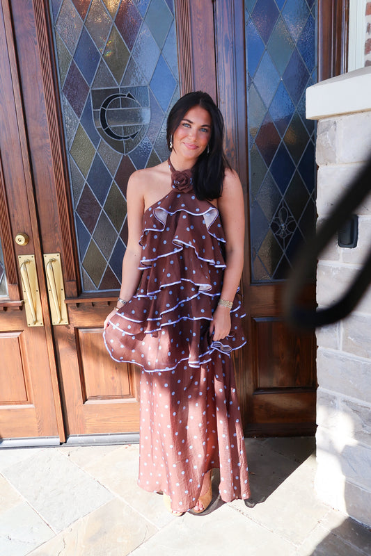 Mocha Dot Ruffle Halter Midi Dress