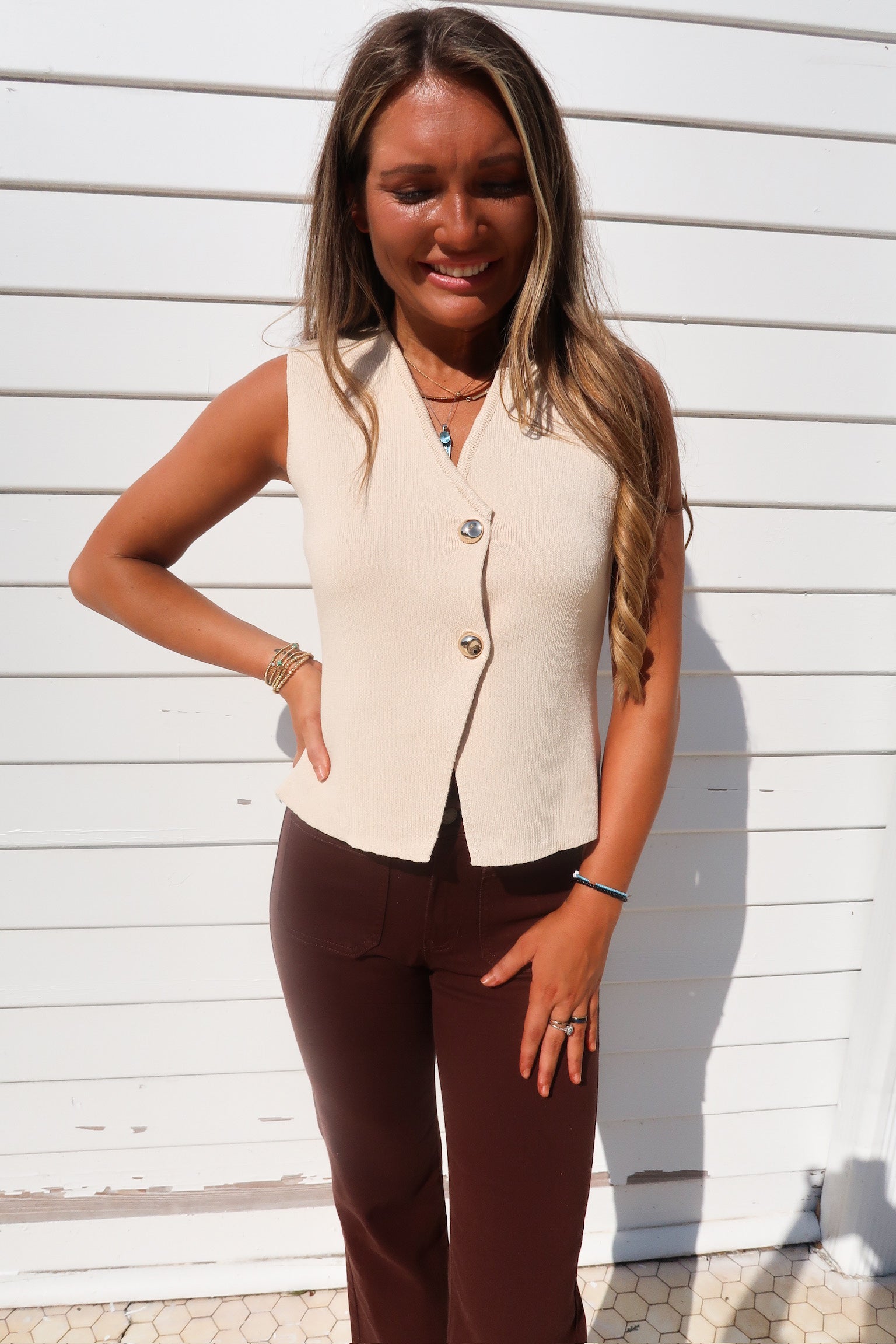 Gold Button Sweater Vest-Taupe