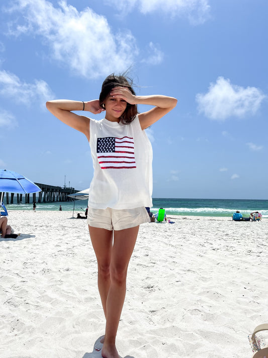 Off White American Flag Sequin Patch Knit Top