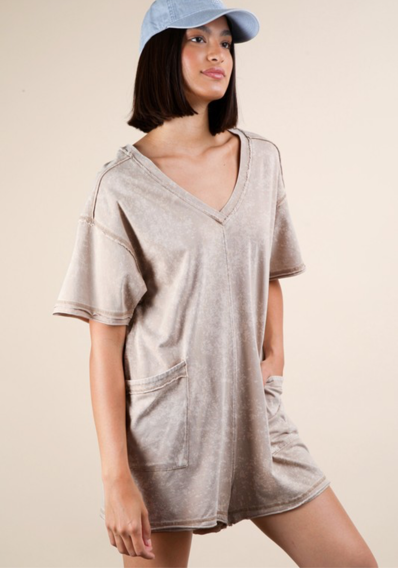 Pocket T- Shirt Romper -Taupe