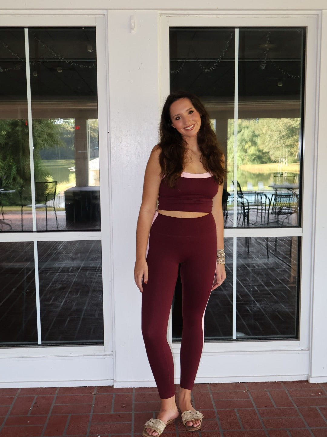 Side Stripe Leggings - Burgundy w/ Pink Stripe