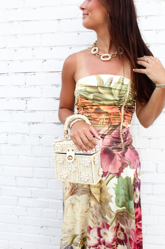 Daisy Wicker Purse - White with Pearl