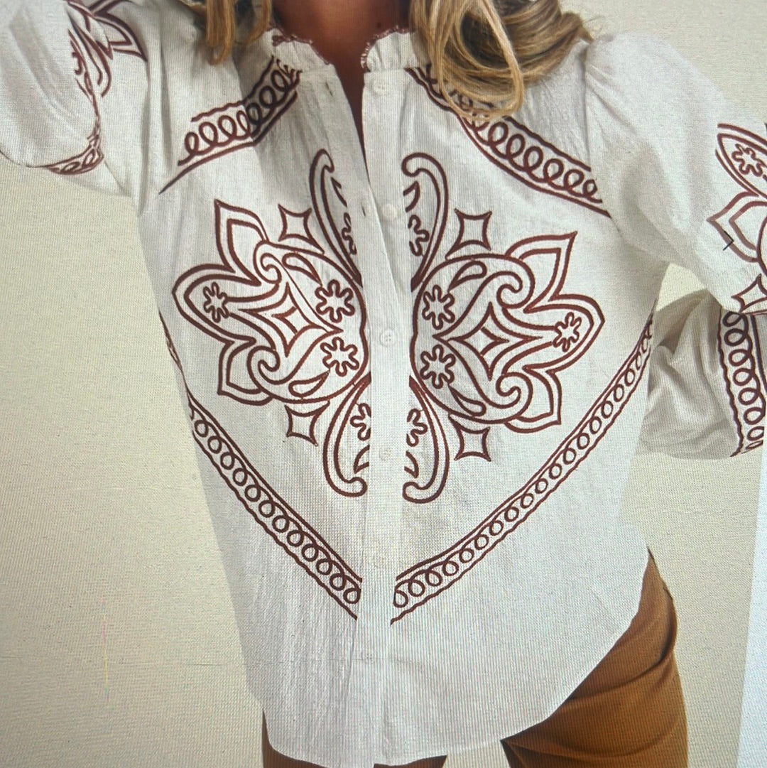 Embroidered Mock Neck Top- Ivory
