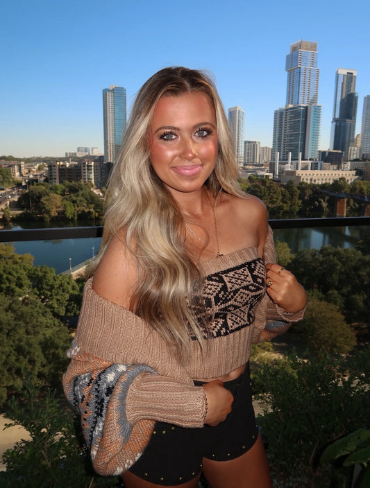 Alpine-Knit Shrug Cardigan and Tube Top Set-Taupe