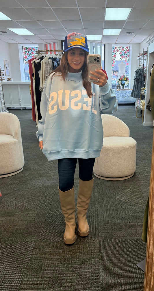 " Jesus " & "God Is Good " Reversible Mock Neck Sweatshirt- Sky Blue