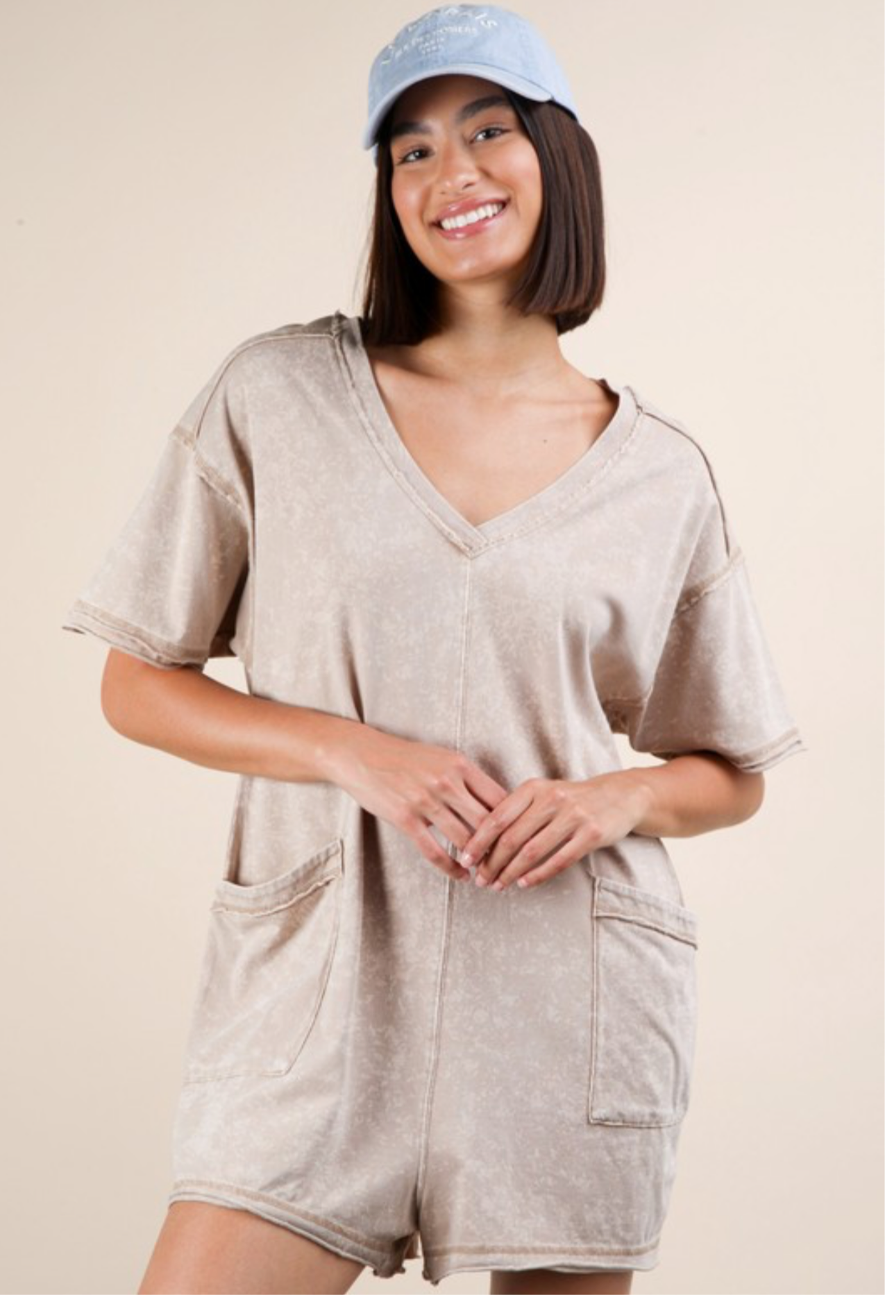 Pocket T- Shirt Romper -Taupe