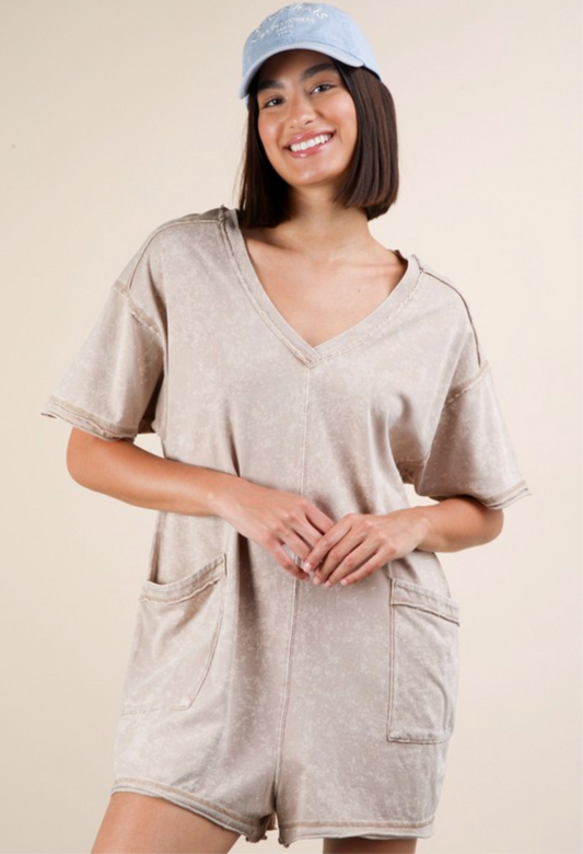 Pocket T- Shirt Romper -Taupe