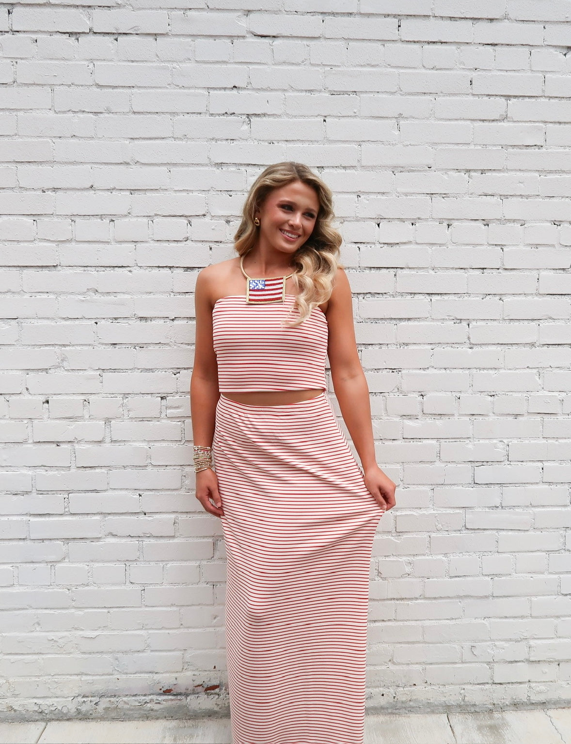 Red Striped Skirt Set
