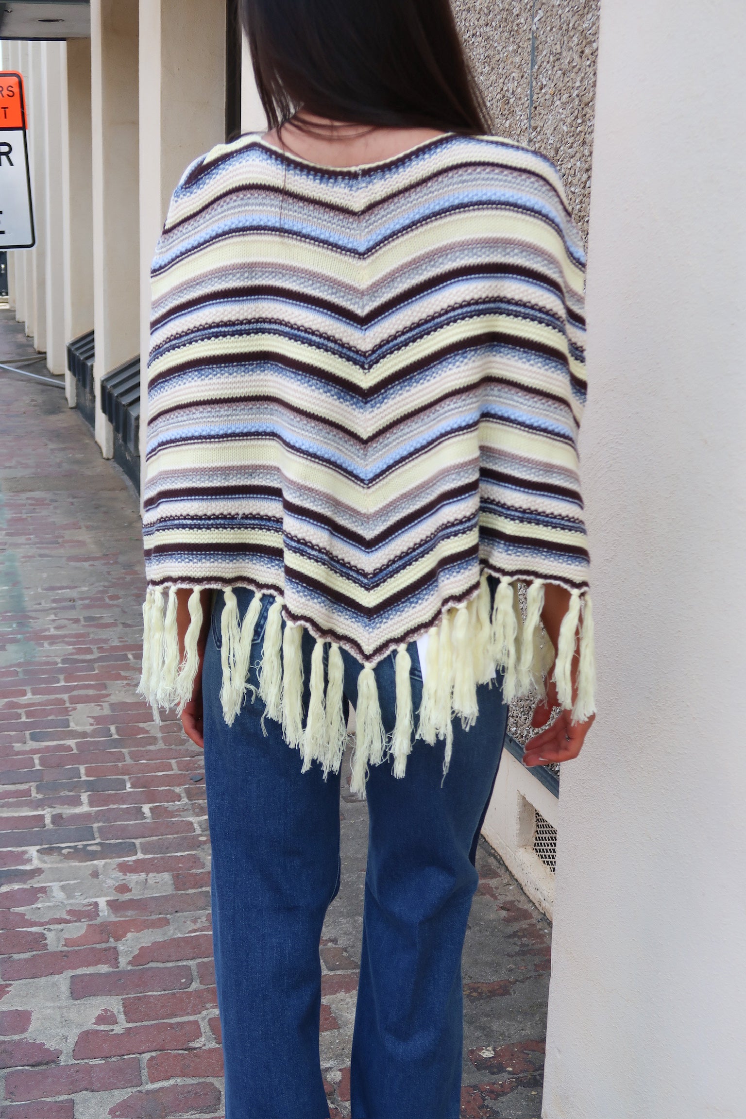 Chevron Striped Fringed Poncho