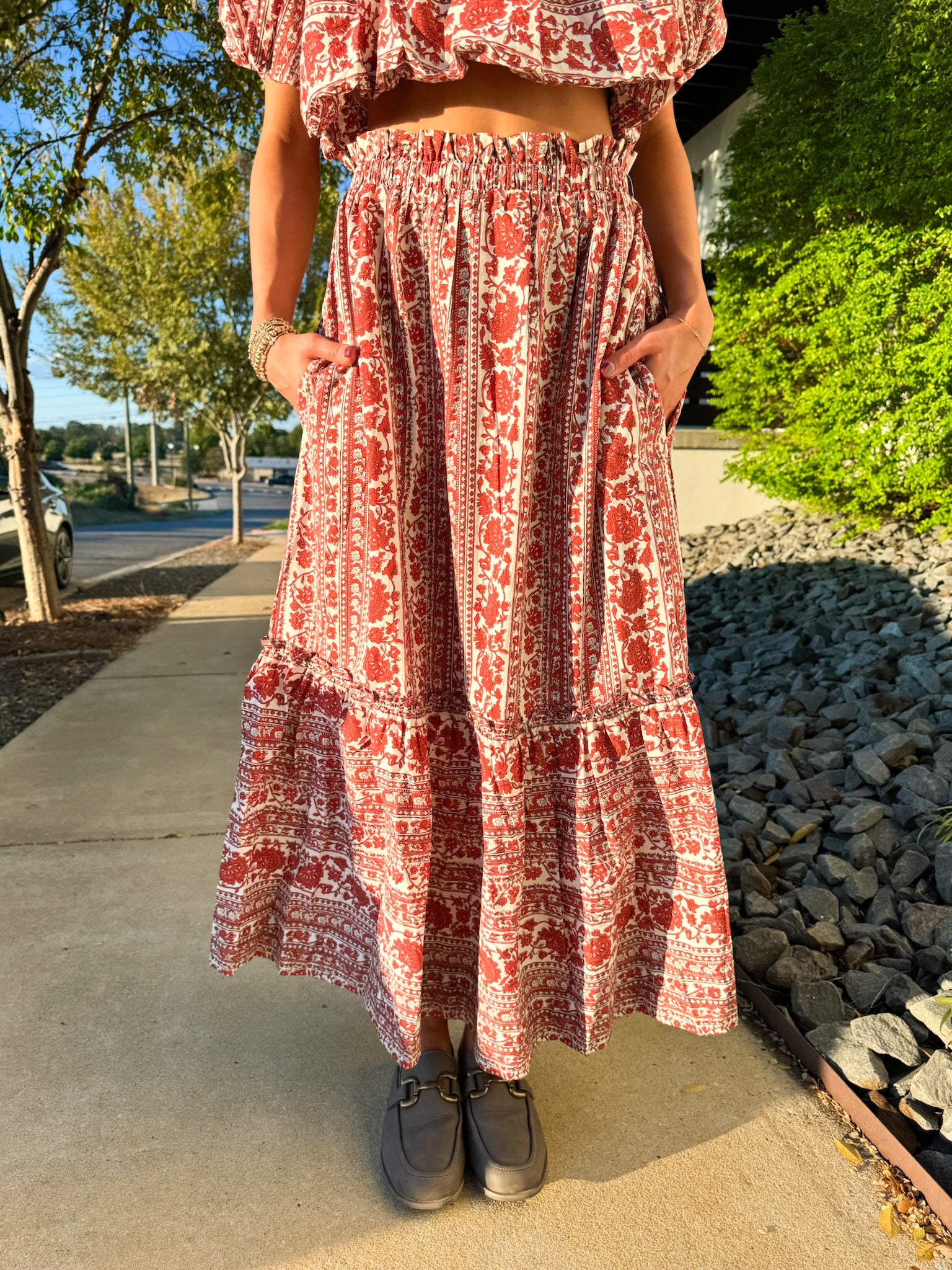 Red Striped Floral Skirt Set