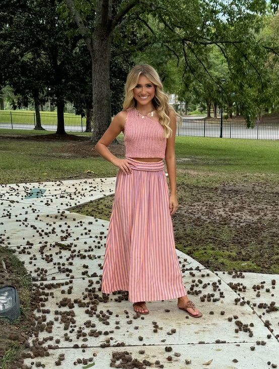 Purple & Orange Striped Skirt Set