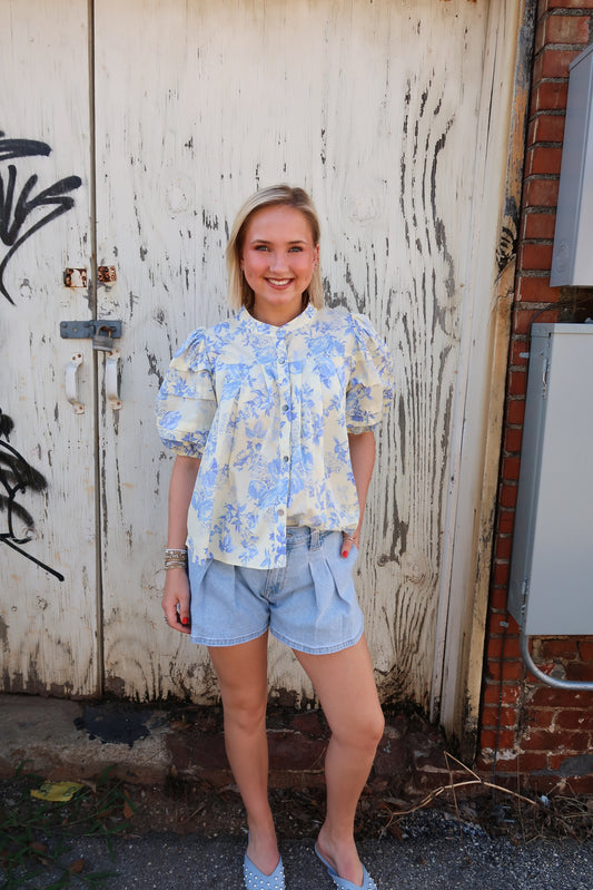 Elaine Cream Blue Floral Top