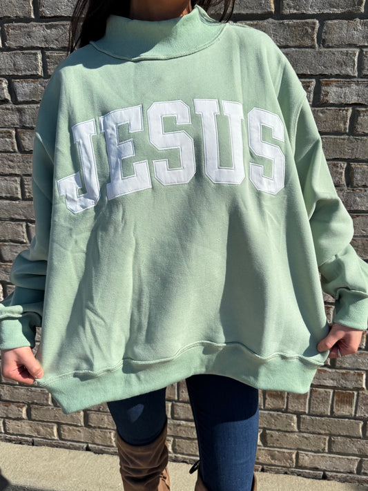 JESUS Embroidered Mock Neck Sweatshirt-SAGE