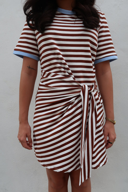Andrea Striped Side Tie Dress- Chocolate