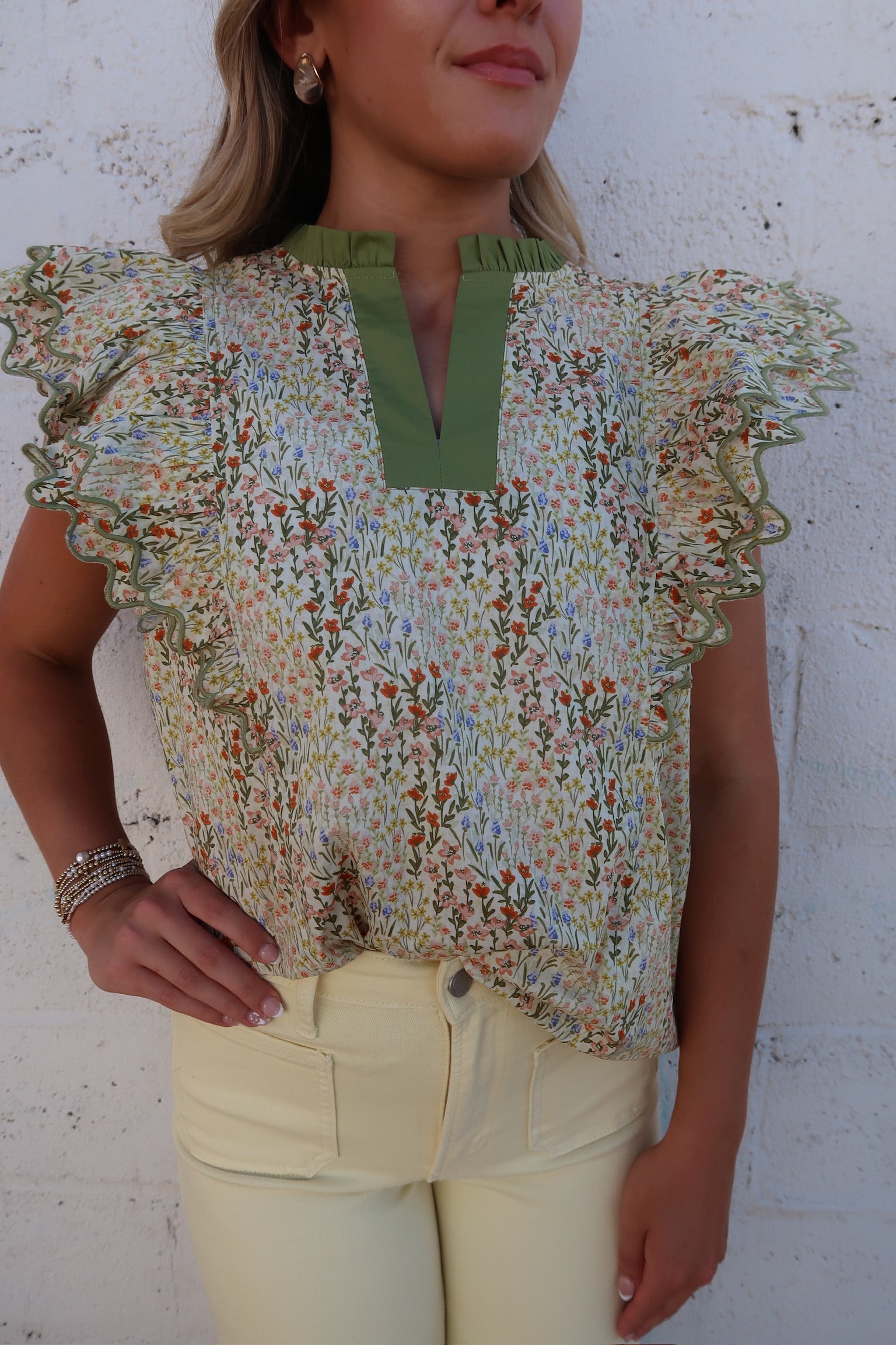 Green Mixed Flutter Sleeve Top