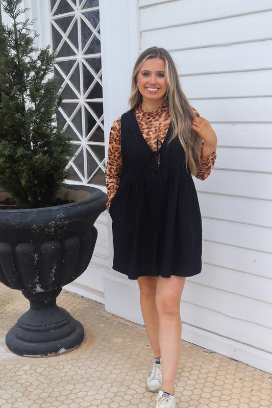 Pleated V Neck Romper -Black