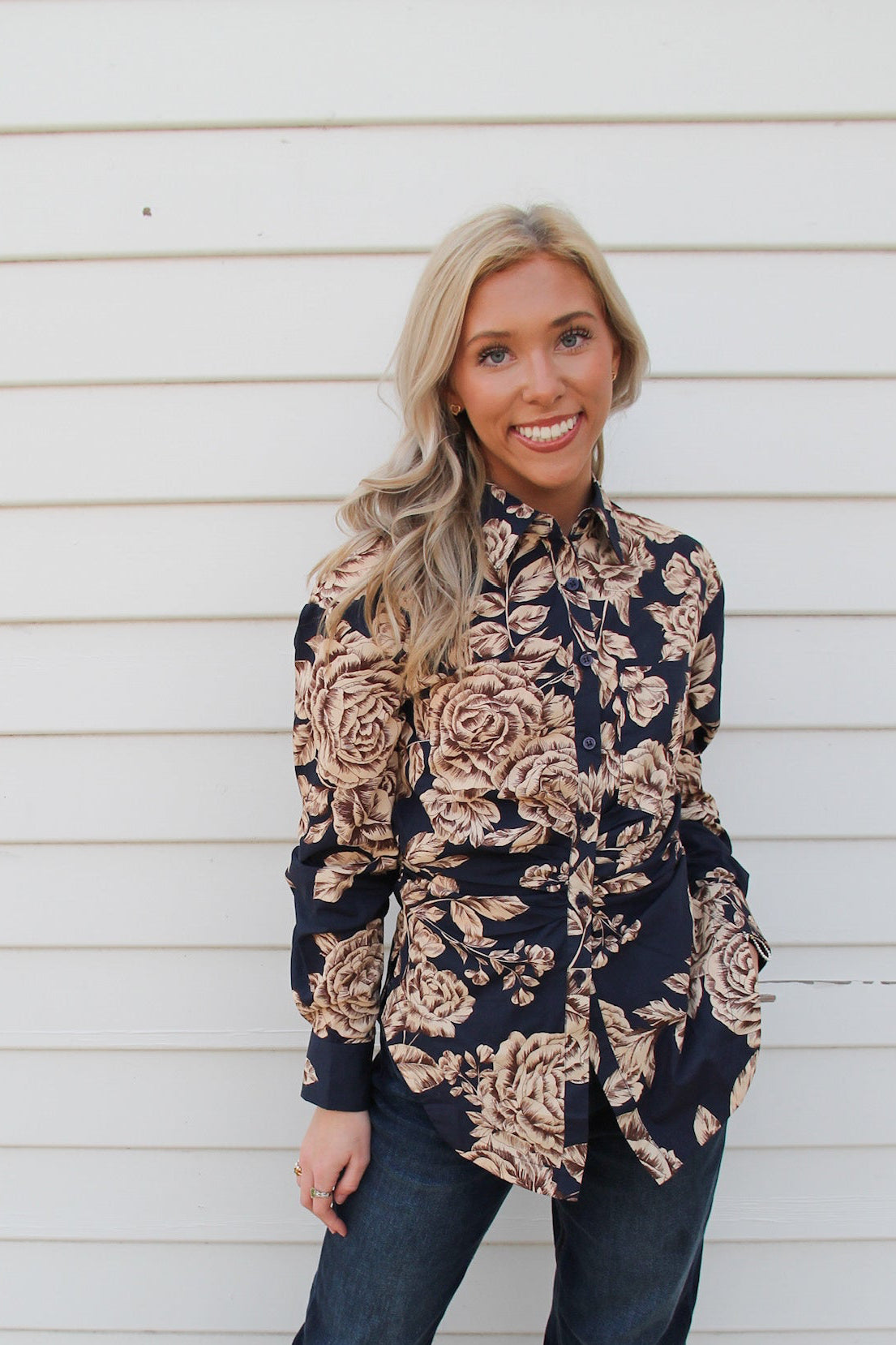 Midnight Blue Cream Floral Top