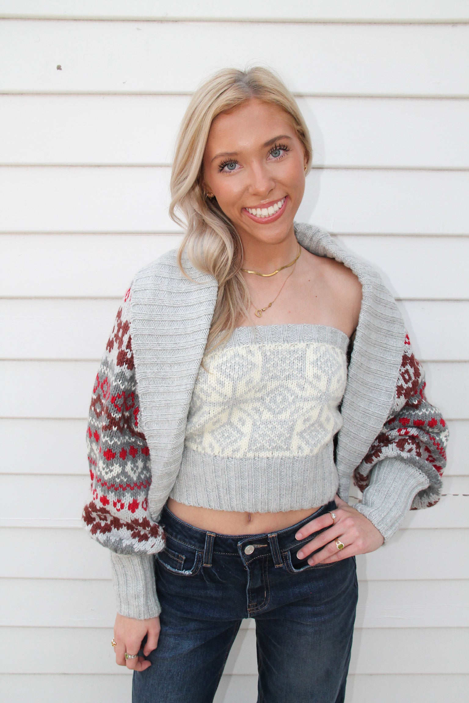 Alpine-Knit Shrug and Tube Top Set - Heather Grey