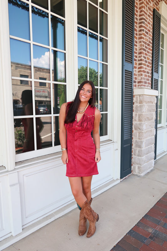 Faux Suede Fringe Western Dress- Burgundy