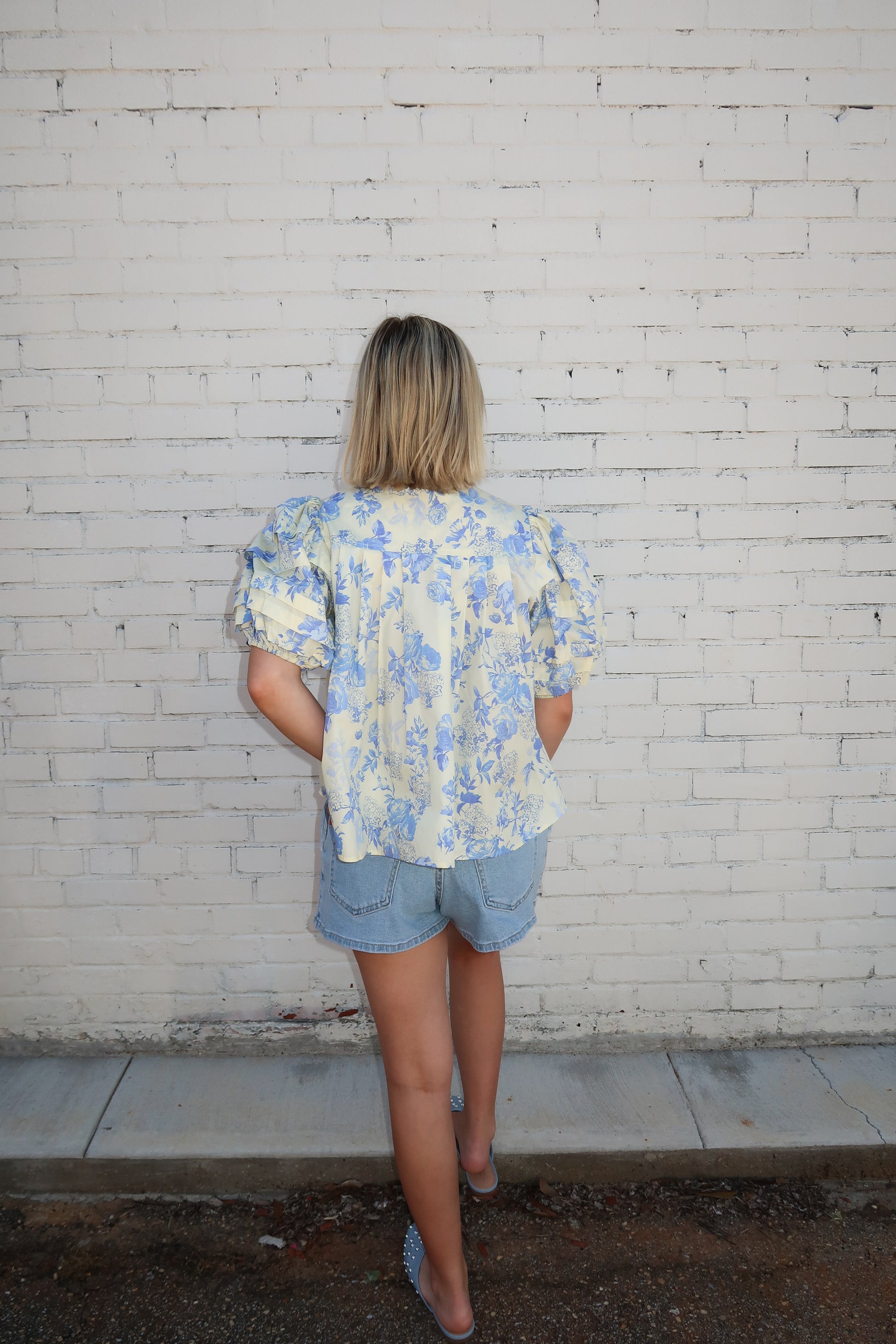 Elaine Cream Blue Floral Top