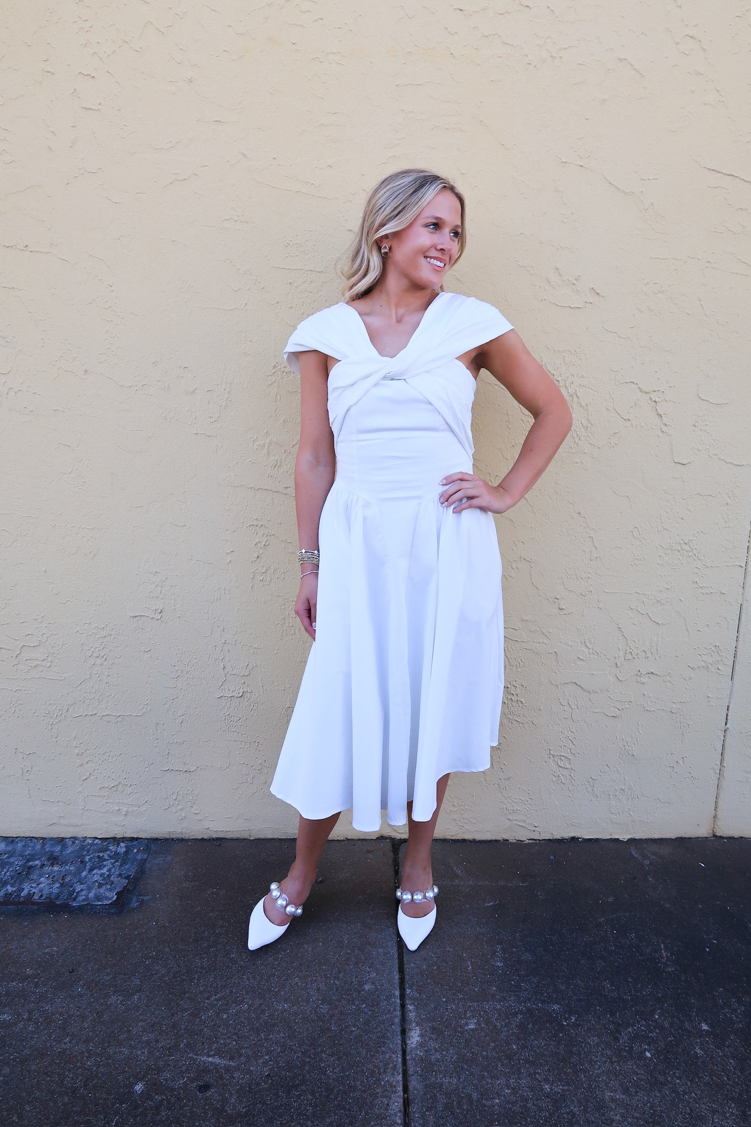 Whitney Twisted Top Midi Dress- White