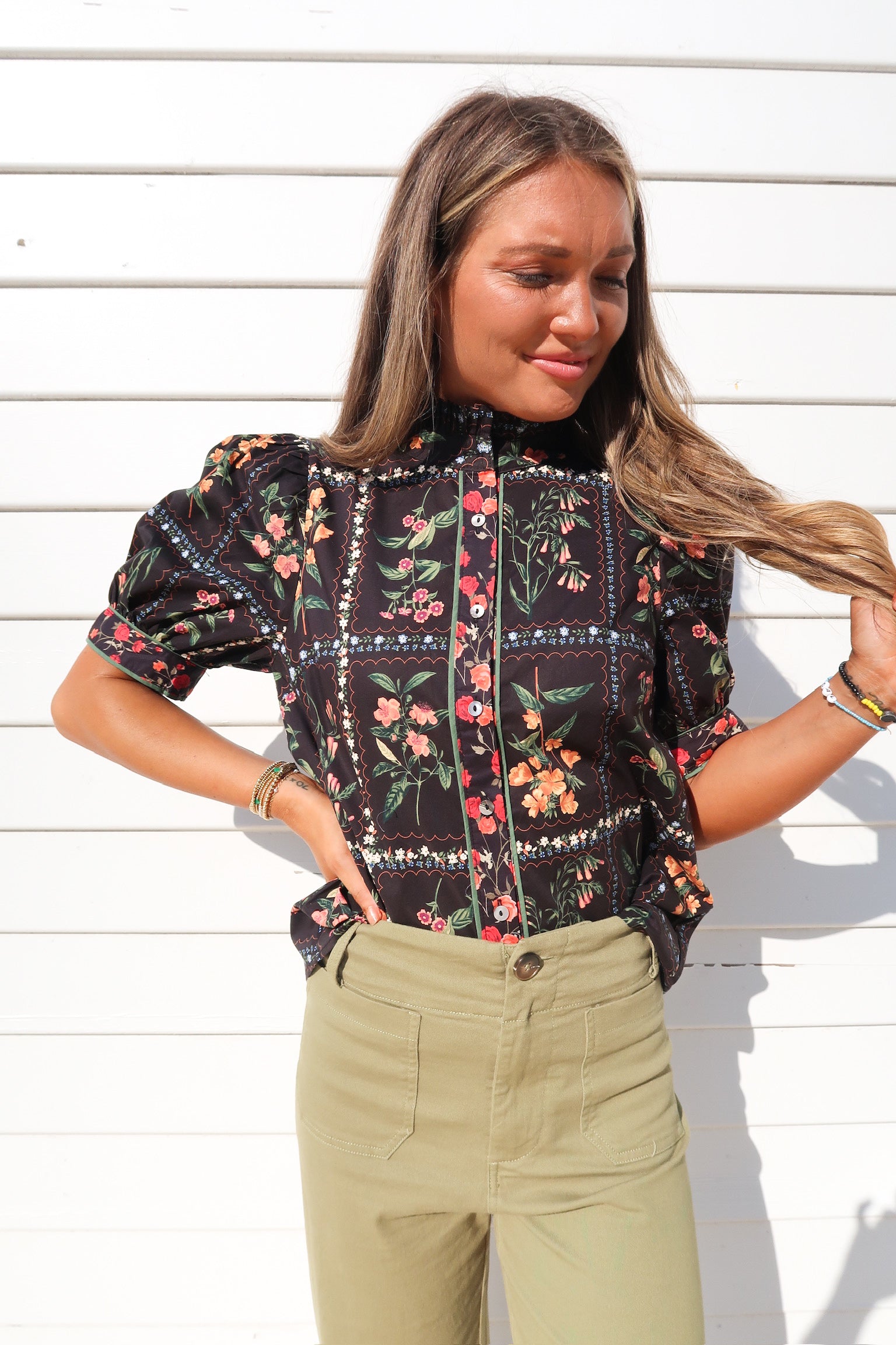 Black Floral Puffed Sleeve Top