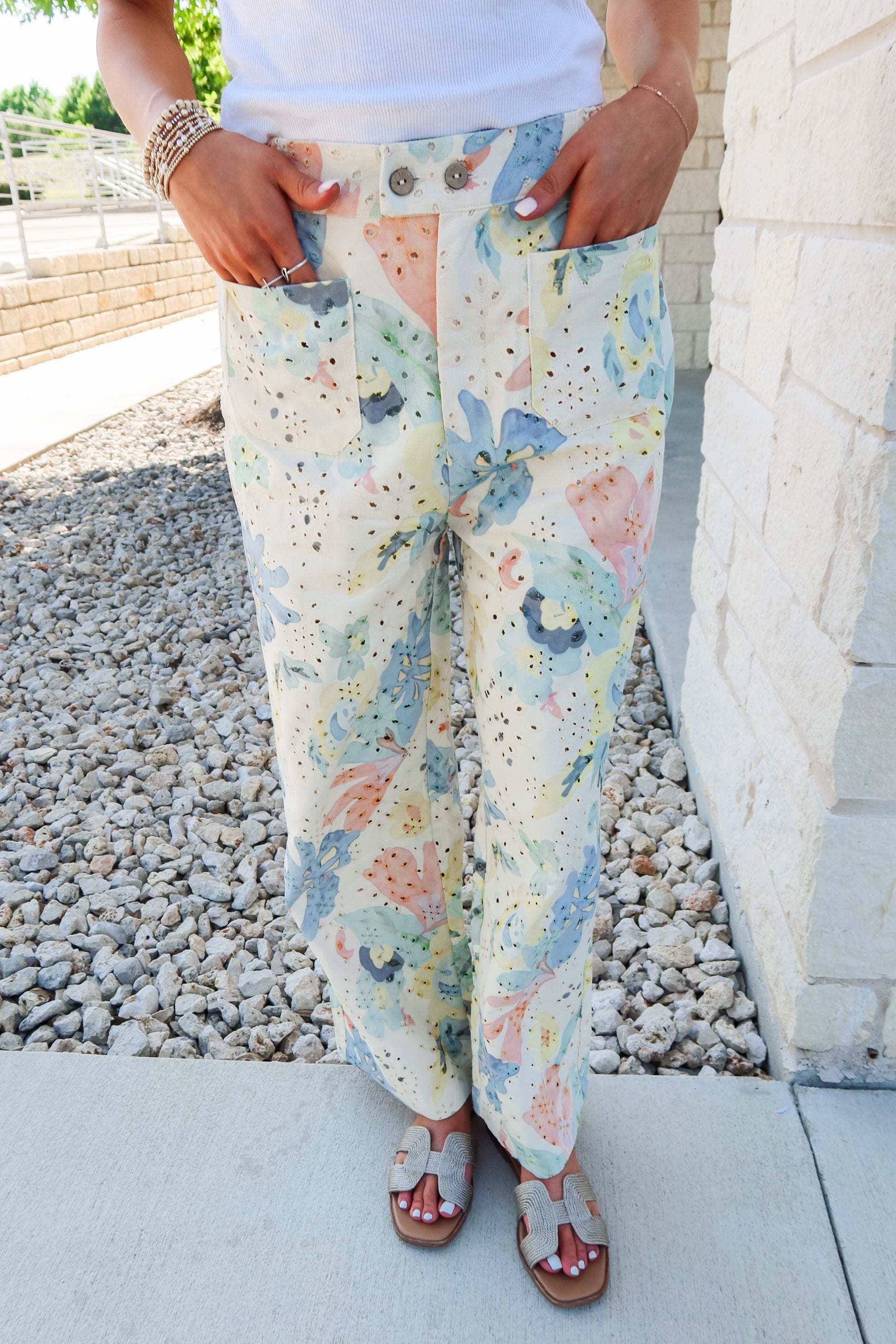 Watercolor Floral Eyelet Pants