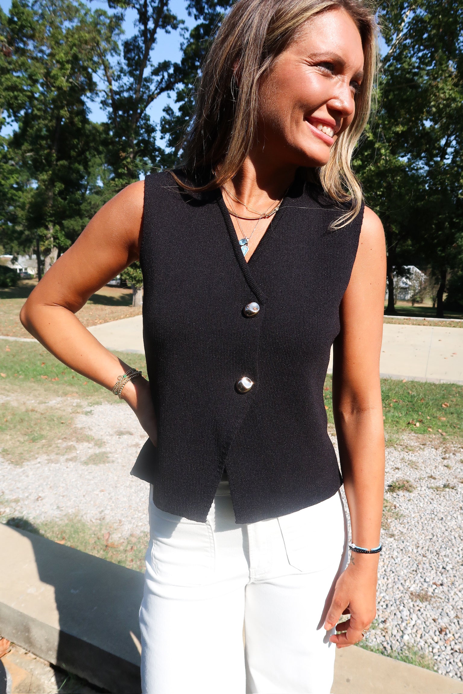 Gold Button Sweater Vest -Black