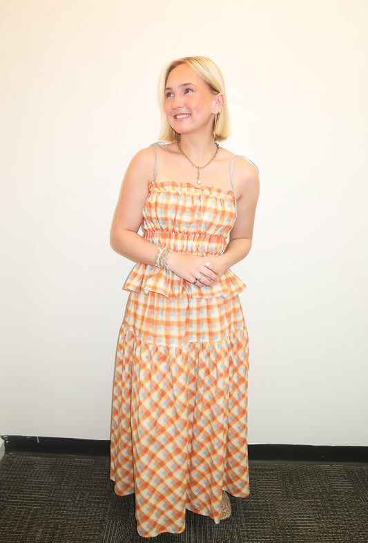 Summer Plaid Midi Skirt Set