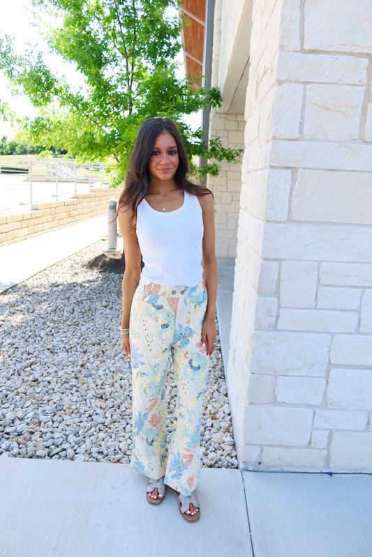 Watercolor Floral Eyelet Pants