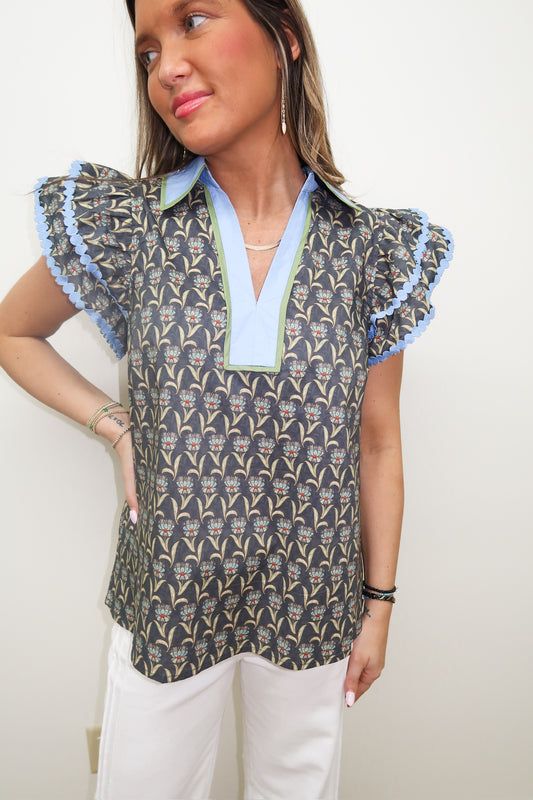 Midnight Floral Flutter Sleeve Top