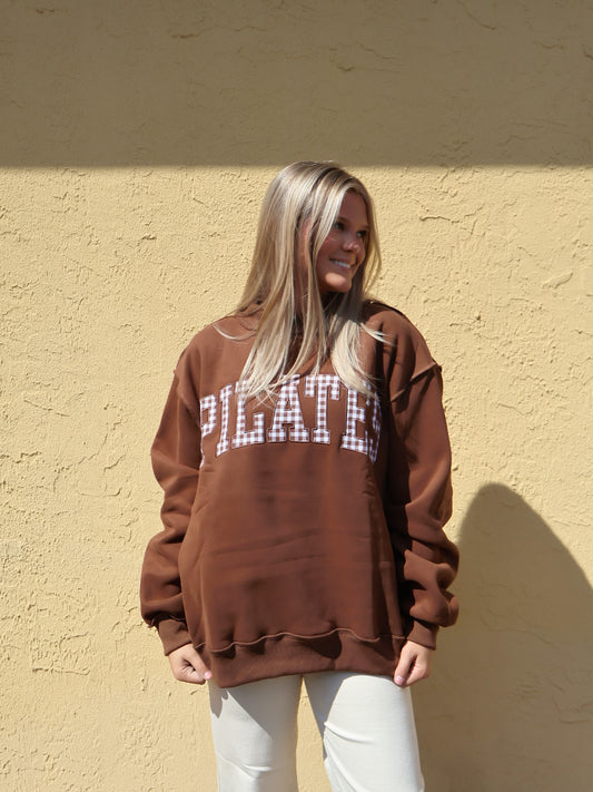 "PILATES" Brown Gingham Embroidered Mock Neck Sweatshirt