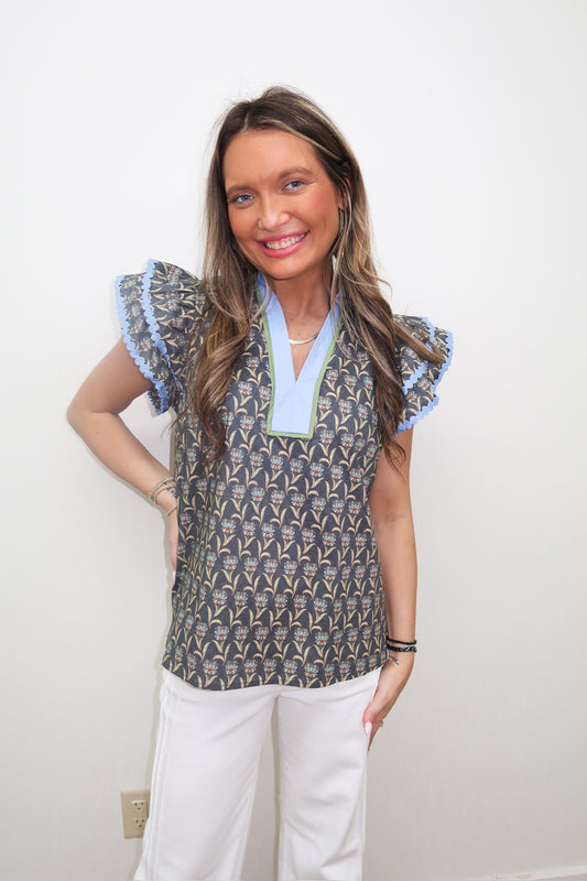 Midnight Floral Flutter Sleeve Top