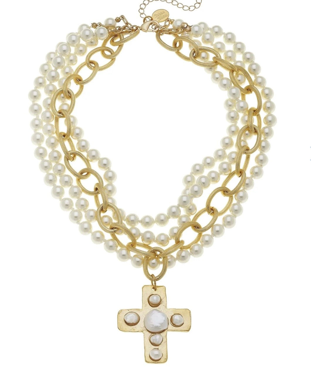Multi Strand Gold Cross Pearl Necklace