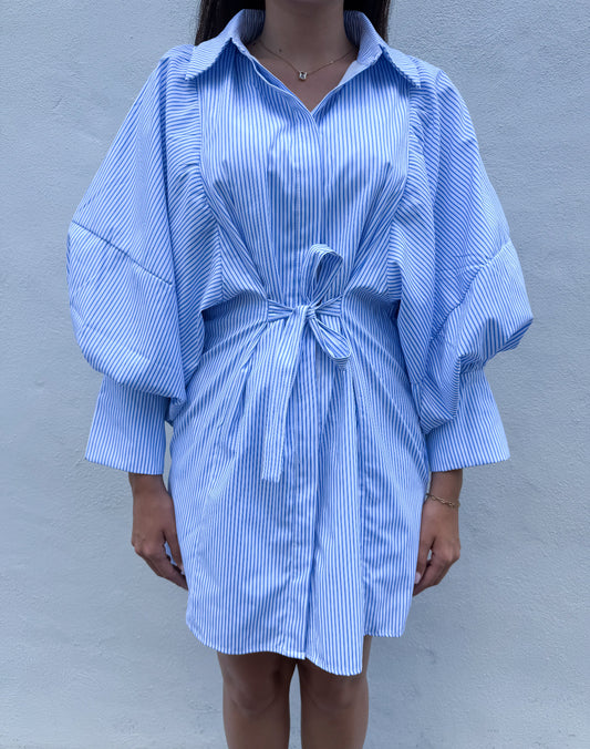 Puffed Sleeve Striped Mini Poplin Dress