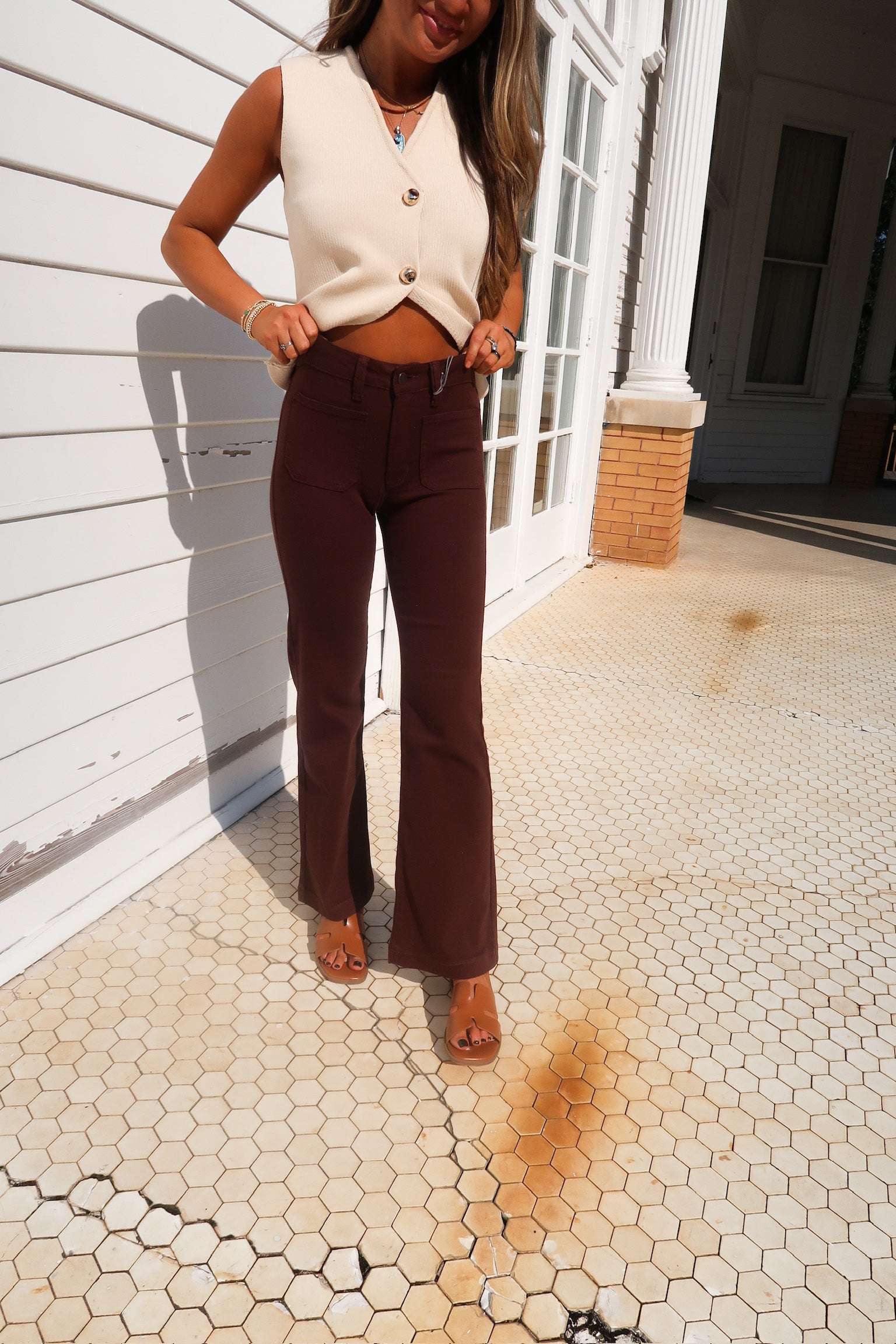 Mini Patch Pocket Flare Jeans- DK Brown