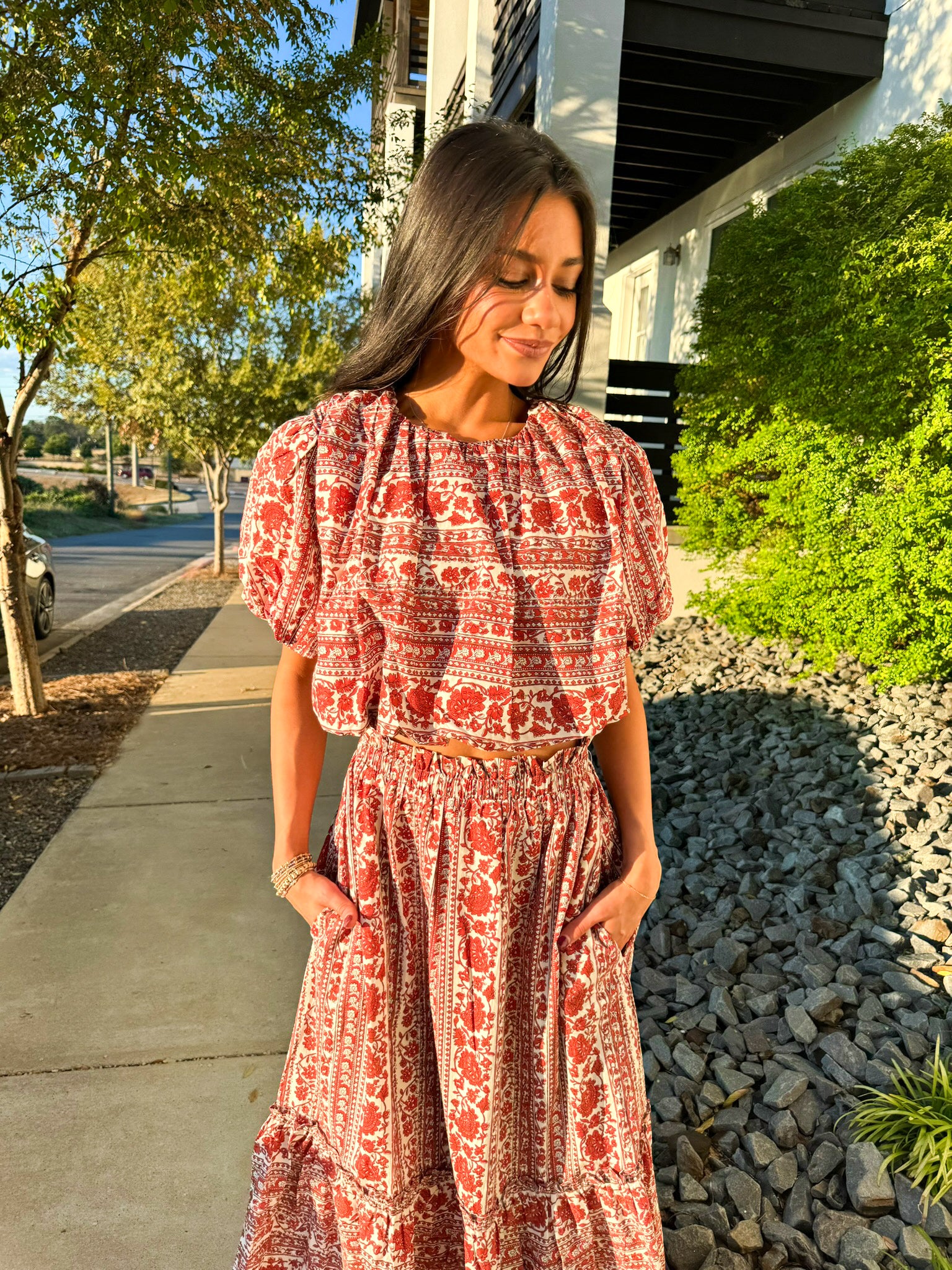 Red Striped Floral Skirt Set