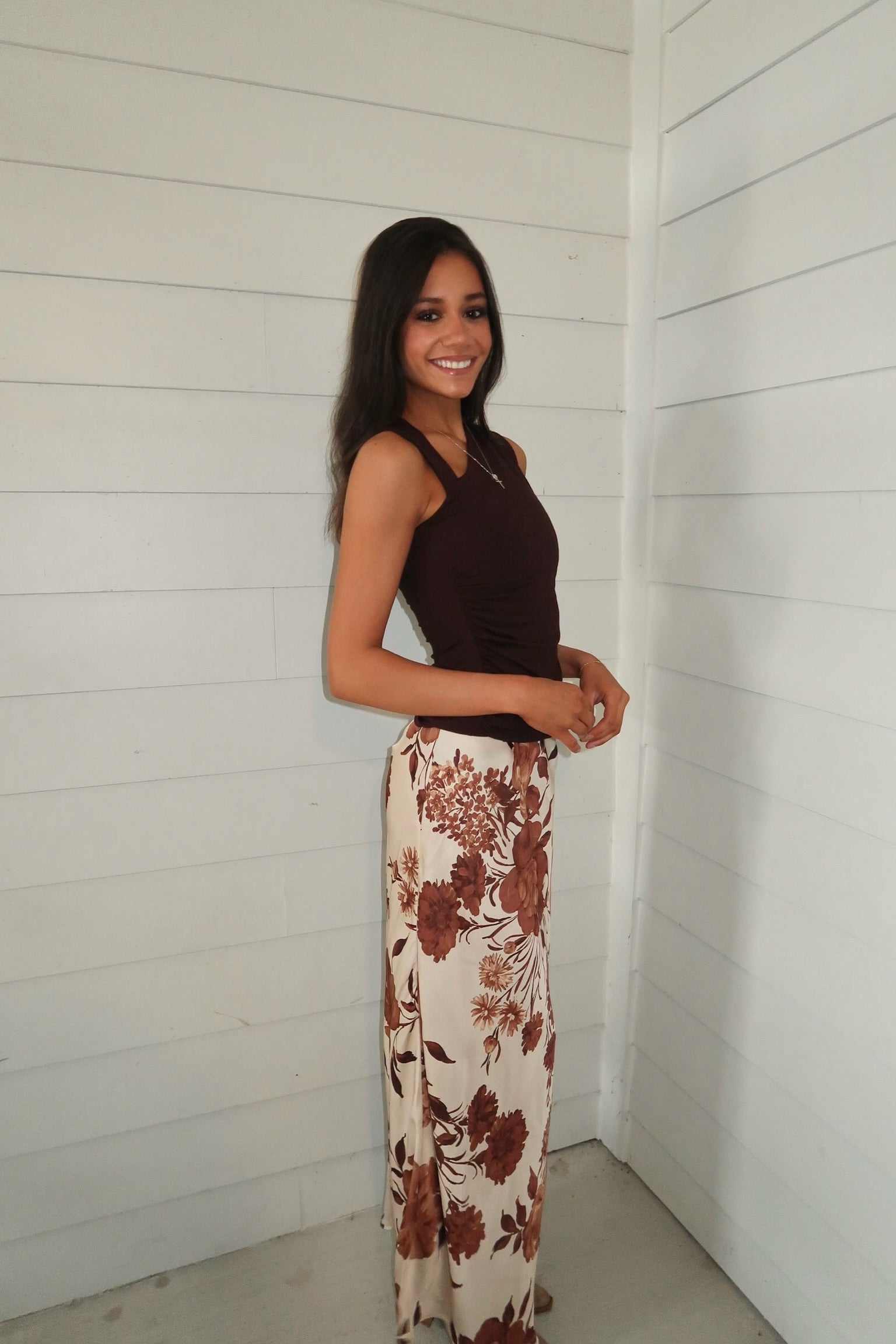 Cream/ Brown Floral Slip Skirt