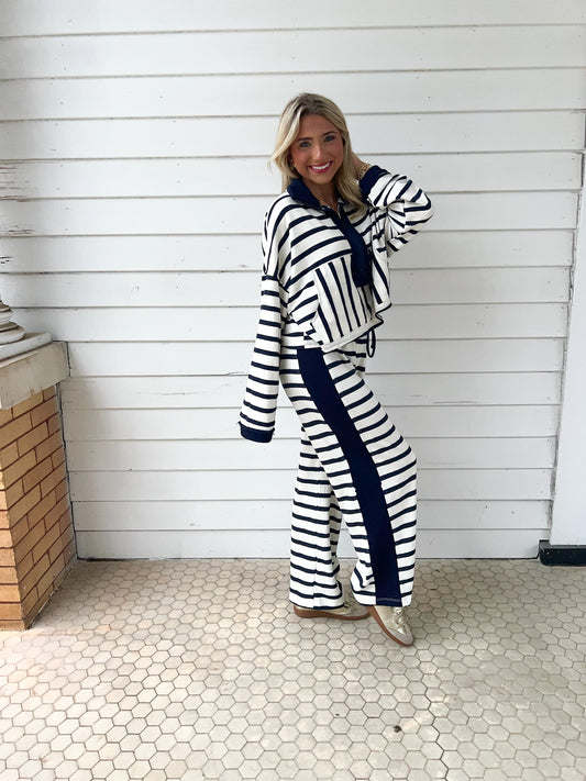 Zip Neck Striped Set-Navy/Cream