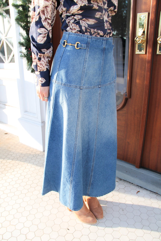 Horsebit Midi Denim Skirt