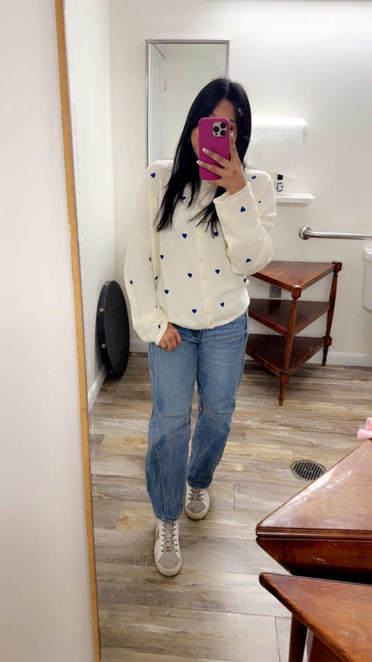 Ivory Cardigan with Blue Embroidered Hearts