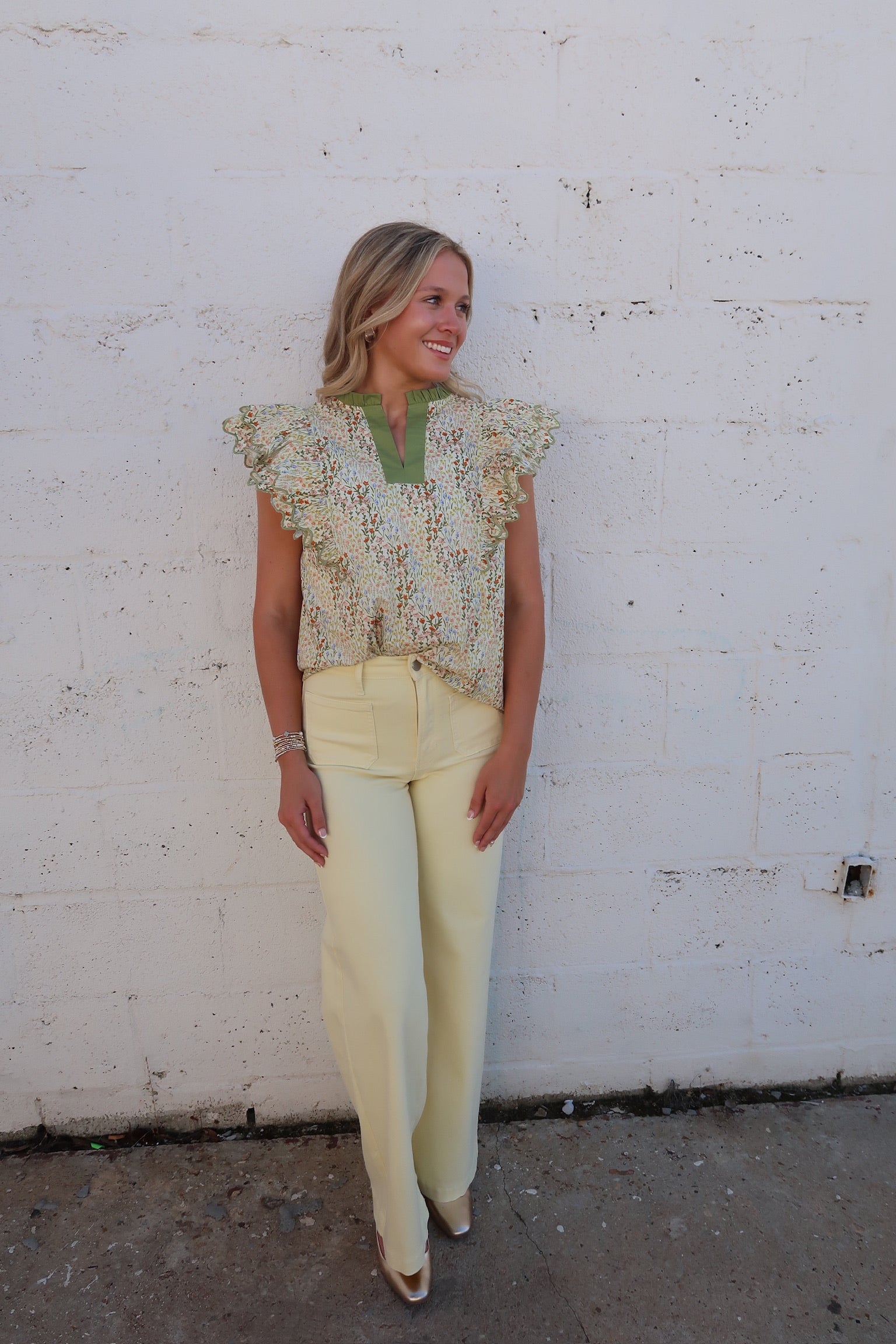Green Mixed Flutter Sleeve Top