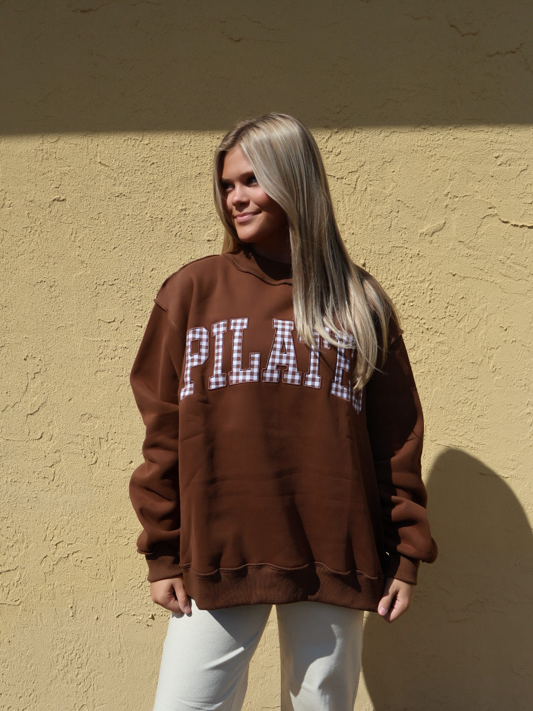 "PILATES" Brown Gingham Embroidered Mock Neck Sweatshirt