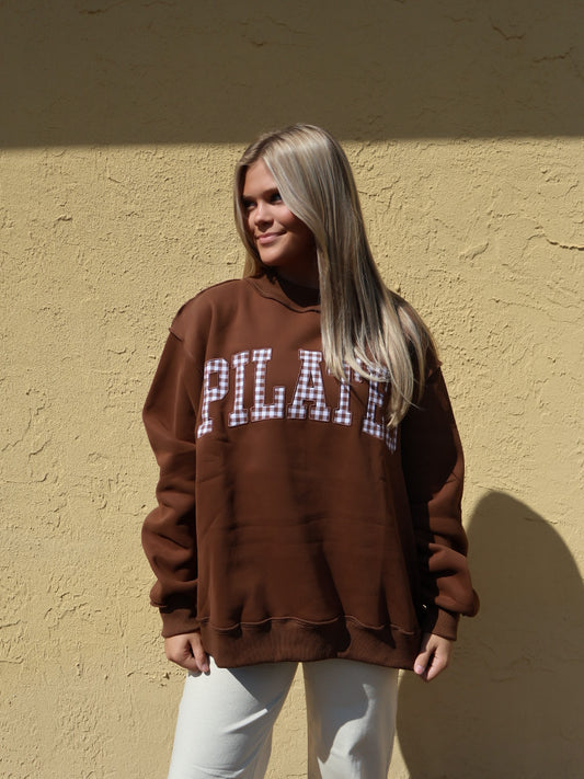 "PILATES" Brown Gingham Embroidered Mock Neck Sweatshirt