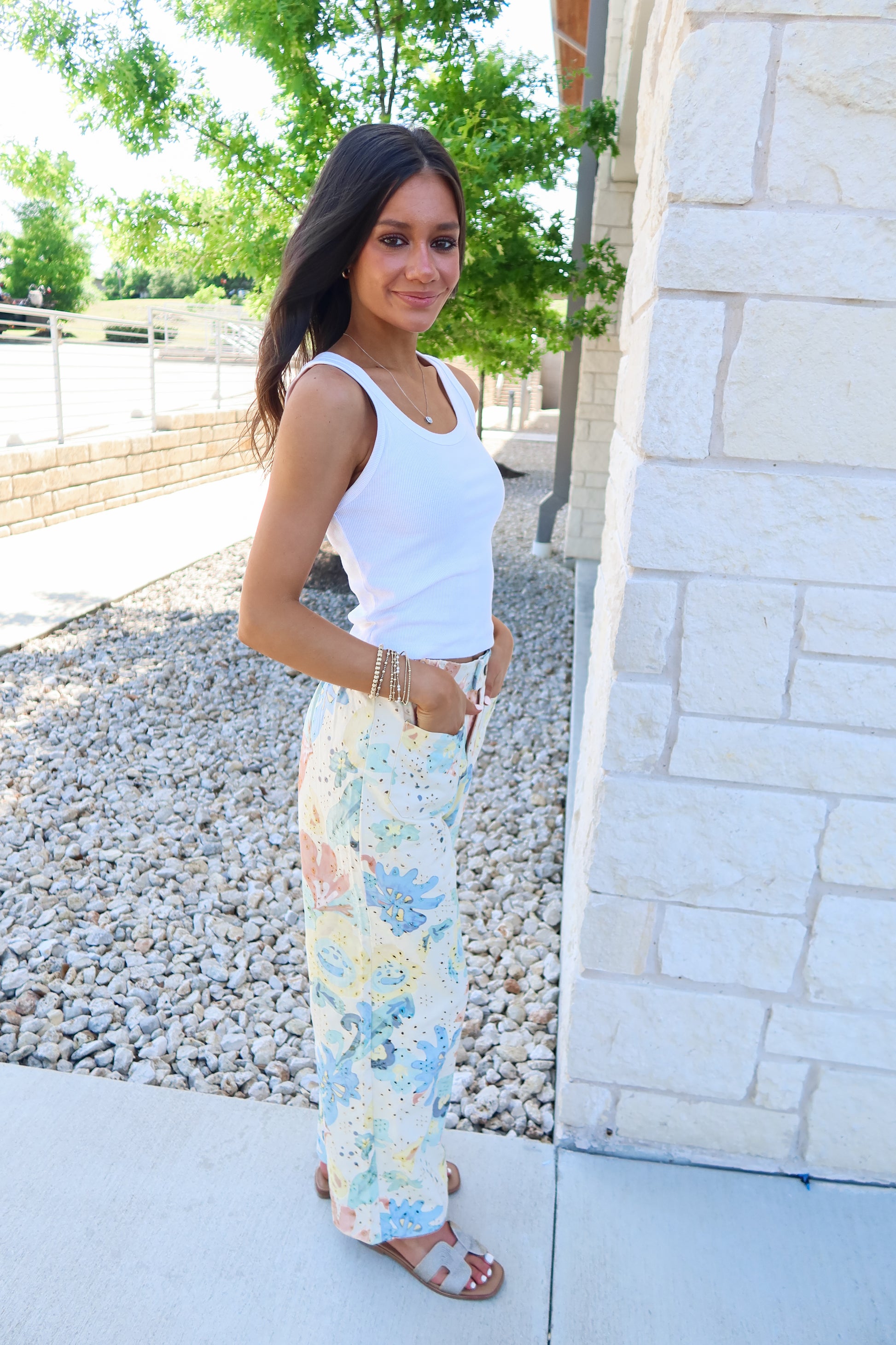 Watercolor Floral Eyelet Pants