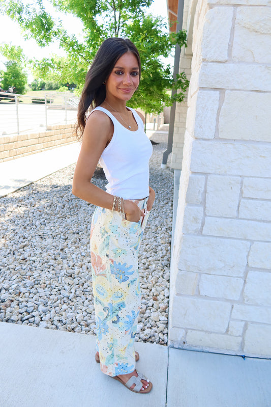 Watercolor Floral Eyelet Pants