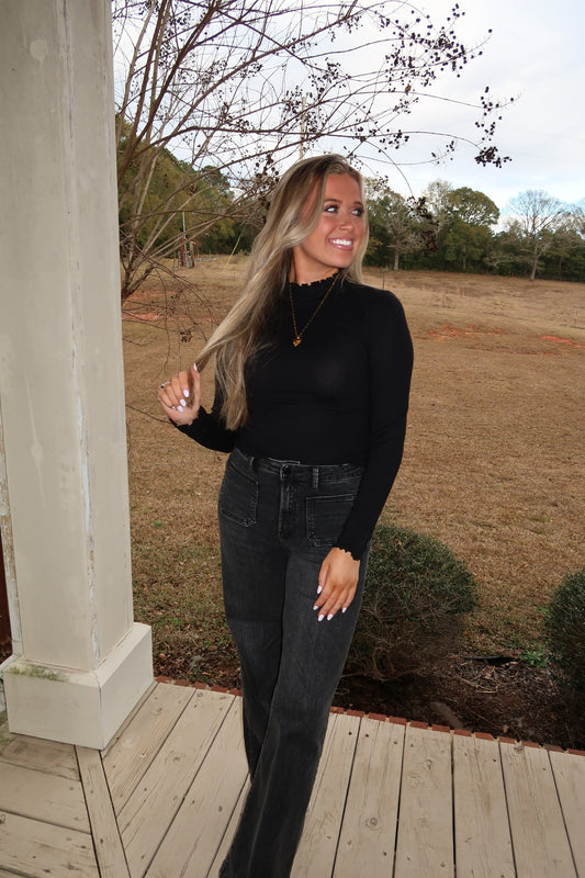 Lettuce Trim Mock Neck Sweater-Black